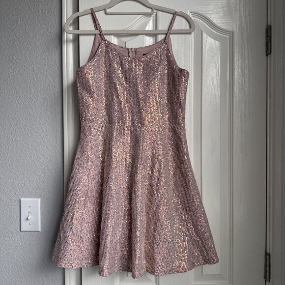 NWT Zunie Girls Floral Pink Sequin Party Dress Rose Gold Size 12 Spaghetti Strap - Picture 1 of 9